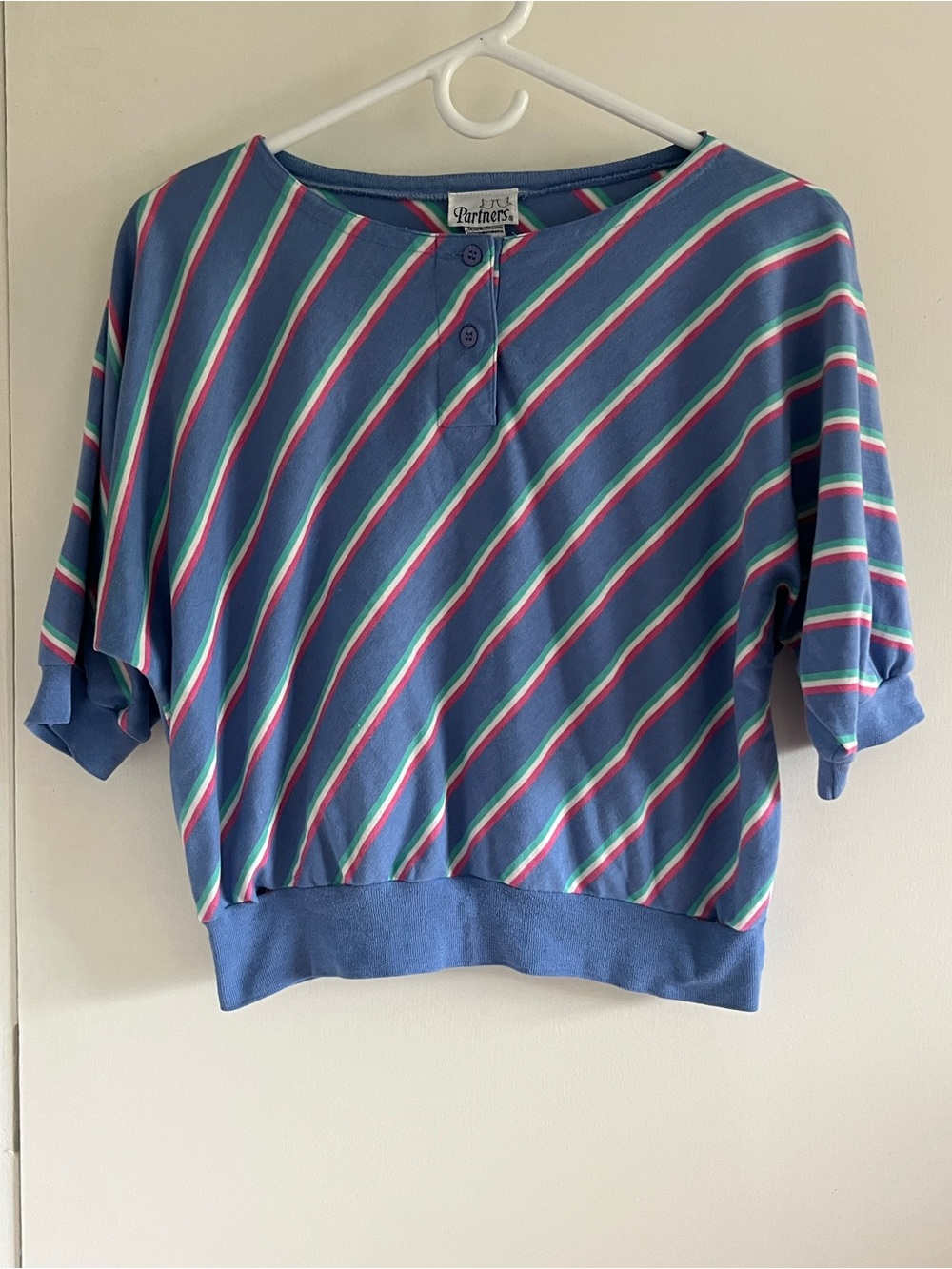 Vintage 90s Partners striped blue, pink, teal retro short sleeve shirt Medium